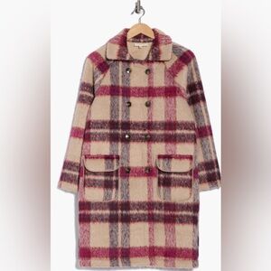 MELLODAY Plaid Double-Breasted Pea Coat in Cream and Pink